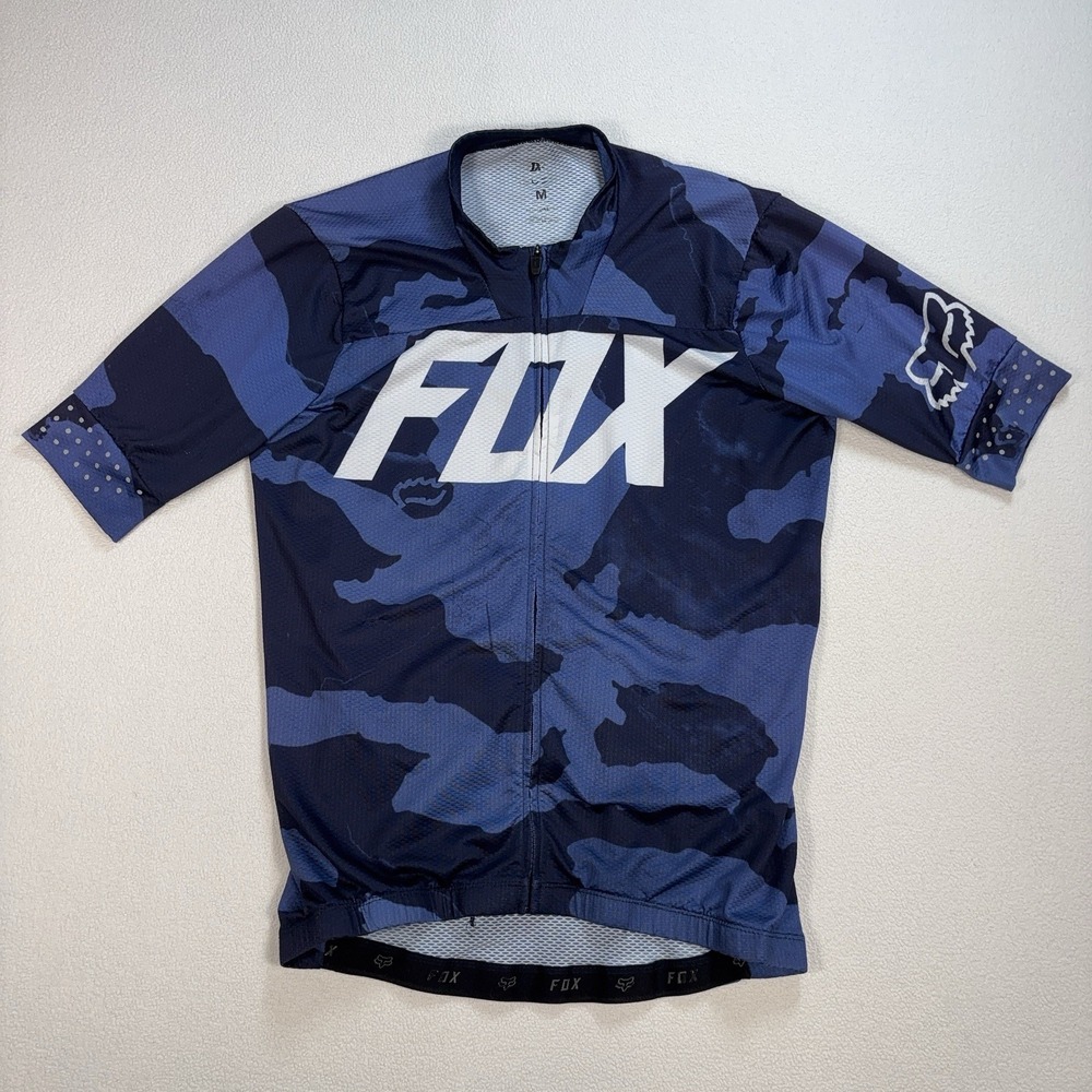 Fox Ascent Creo Full Zip MTB Jersey Men M Blue Camo Stretch Back Pocket *READ*